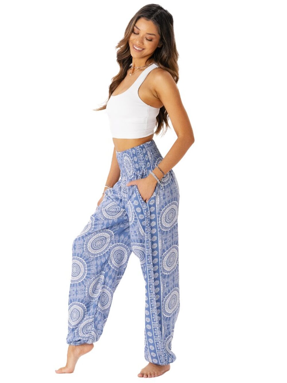 NWT Lotus and Luna Boho Harem Pants Blue Mandala Print Pockets Small - Picture 3 of 8
